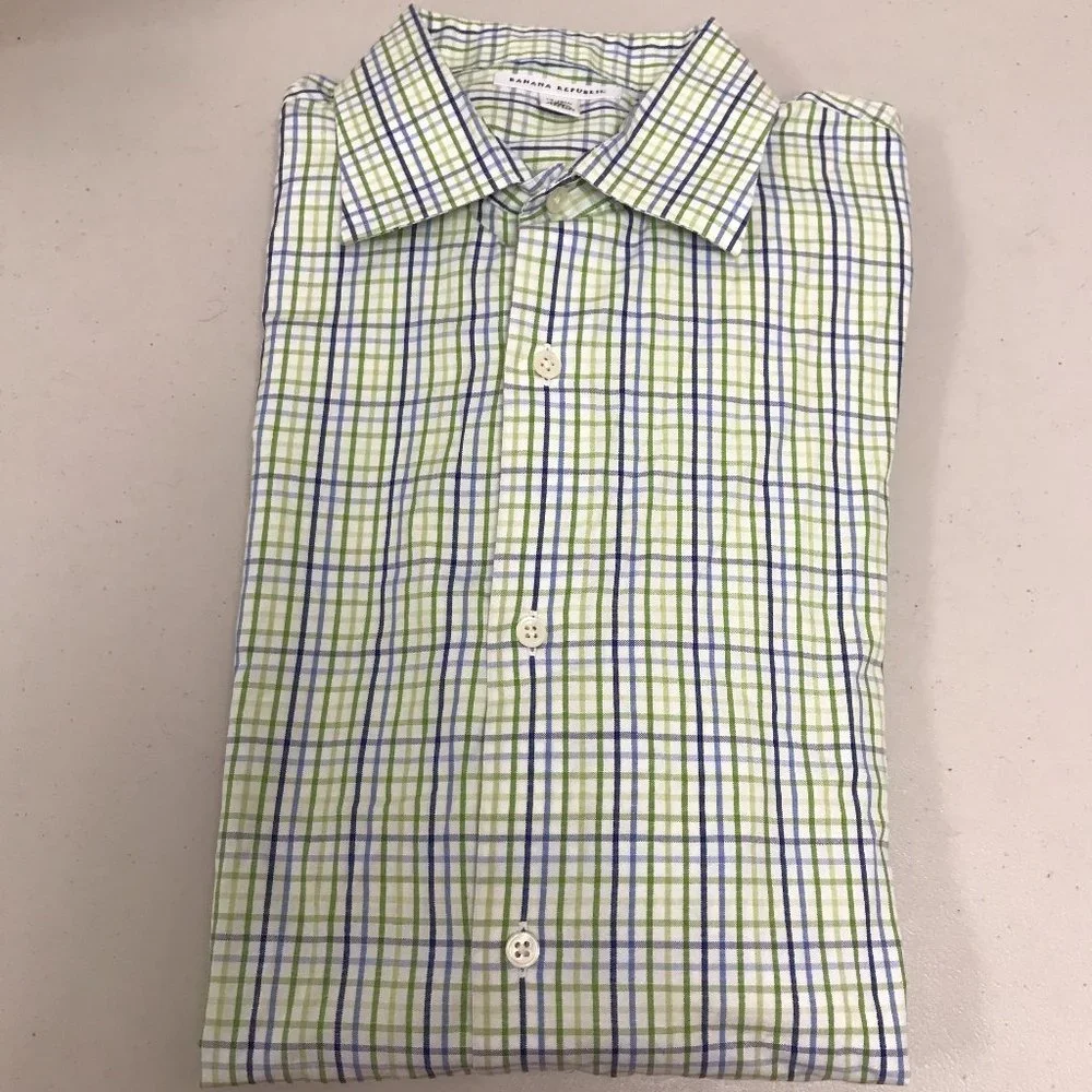 Banana Republic blue green white check plaid classic fit shirt XL 17 17.5